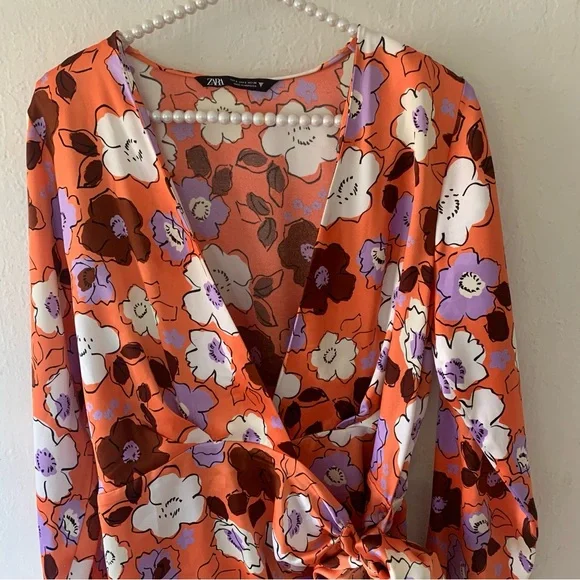 Zara Long Sleeve Floral Satin Mini Wrap Dress - Picture 8 of 12